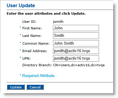User Update dialog box with various fields that can be updated, as well as an Update button and a Cancel button